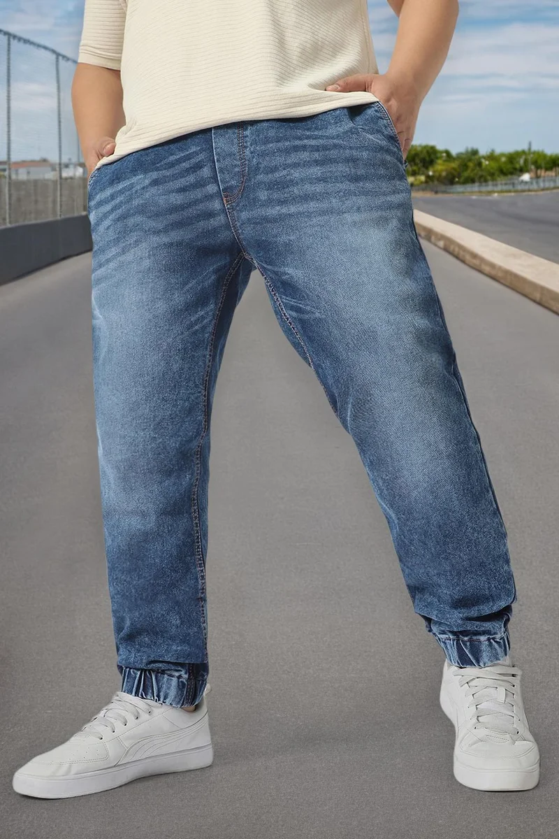 Urbano Plus Men's Blue Washed Jogger Jeans Regular Fit Stretch